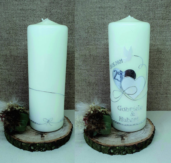 Silberhochzeits Kerze Motiv zwei Herzen mit Schleife